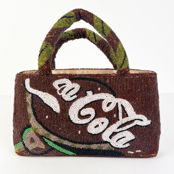 VTG 1990’s Coca Cola Soda Beaded Handbag Purse Beaded Handles Zip Closure - Picture 1 of 13